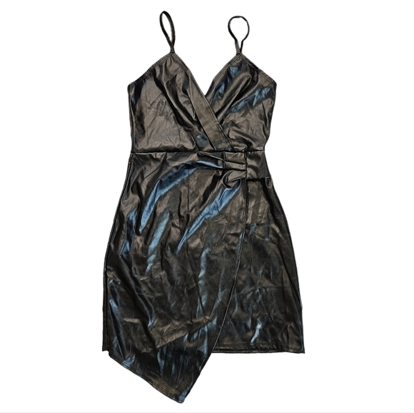 NEW Roma Lyssa Black Faux Leather Wrap Mini Dress Small Yandy - Picture 2 of 6